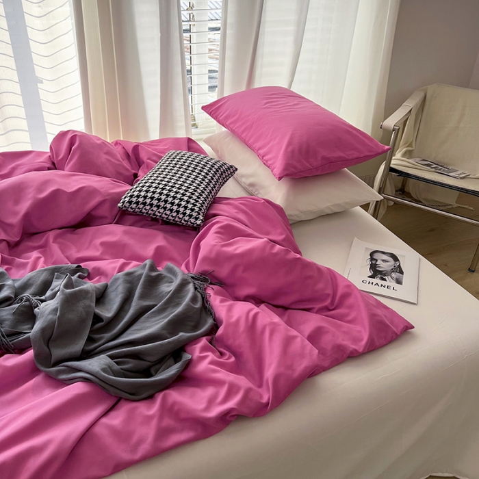 91家纺网 家纺一手货源 找家纺 优迈 新款纯色双拼水洗棉亲肤磨毛四件套-单被套枕套床笠慕斯玫瑰
