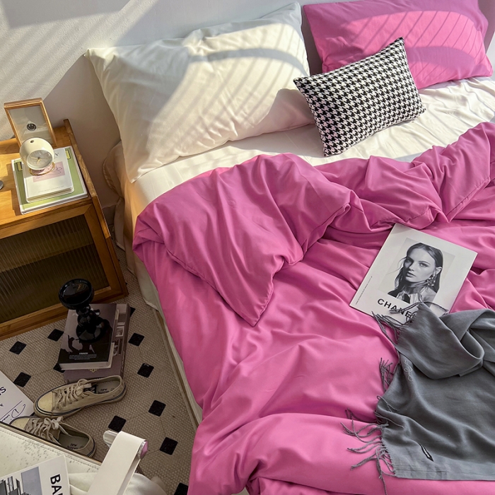 91家纺网 家纺一手货源 找家纺 优迈 新款纯色双拼水洗棉亲肤磨毛四件套-单被套枕套床笠慕斯玫瑰