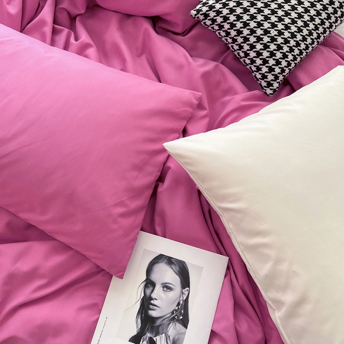 91家纺网 家纺一手货源 找家纺 优迈 新款纯色双拼水洗棉亲肤磨毛四件套-单被套枕套床笠慕斯玫瑰