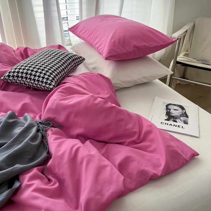 91家纺网 家纺一手货源 找家纺 优迈 新款纯色双拼水洗棉亲肤磨毛四件套-单被套枕套床笠慕斯玫瑰