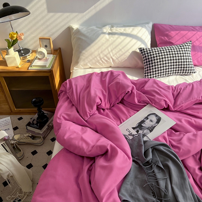 91家纺网 家纺一手货源 找家纺 优迈 新款纯色双拼水洗棉亲肤磨毛四件套-单被套枕套床笠慕斯玫瑰