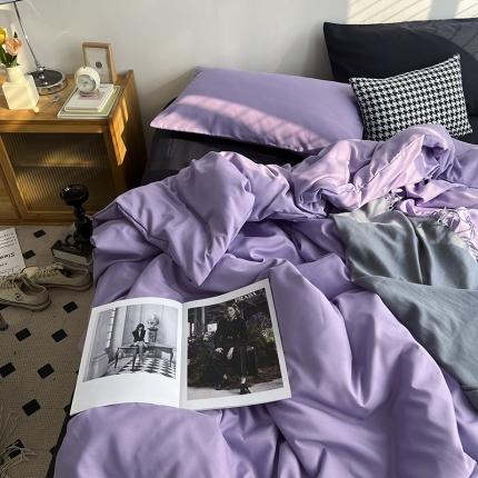 91家纺网 家纺一手货源 找家纺 优迈 新款纯色双拼水洗棉亲肤磨毛四件套-单被套枕套床笠葡萄紫黑
