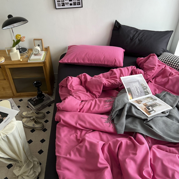 91家纺网 家纺一手货源 找家纺 优迈 新款纯色双拼水洗棉亲肤磨毛四件套-单被套枕套床笠树莓粉黑