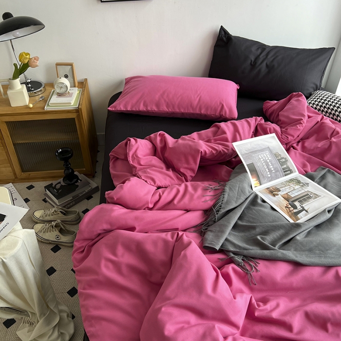 91家纺网 家纺一手货源 找家纺 优迈 新款纯色双拼水洗棉亲肤磨毛四件套-单被套枕套床笠树莓粉黑