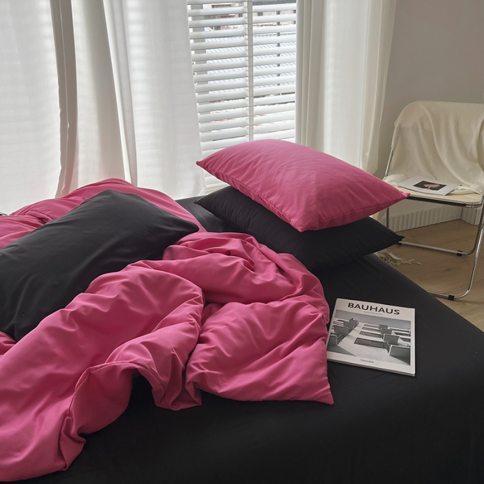 91家纺网 家纺一手货源 找家纺 优迈 新款纯色双拼水洗棉亲肤磨毛四件套-单被套枕套床笠树莓粉黑