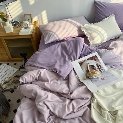 91家纺网 家纺一手货源 找家纺 优迈 新款纯色双拼水洗棉亲肤磨毛四件套-单被套枕套床笠紫薯芋泥