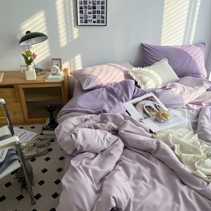 91家纺网 家纺一手货源 找家纺 优迈 新款纯色双拼水洗棉亲肤磨毛四件套-单被套枕套床笠紫薯芋泥