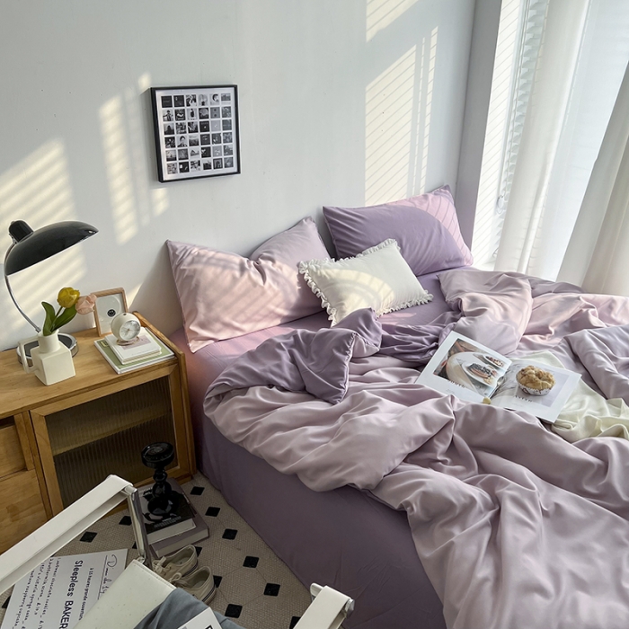 91家纺网 家纺一手货源 找家纺 优迈 新款纯色双拼水洗棉亲肤磨毛四件套-单被套枕套床笠紫薯芋泥