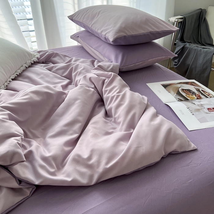 91家纺网 家纺一手货源 找家纺 优迈 新款纯色双拼水洗棉亲肤磨毛四件套-单被套枕套床笠紫薯芋泥