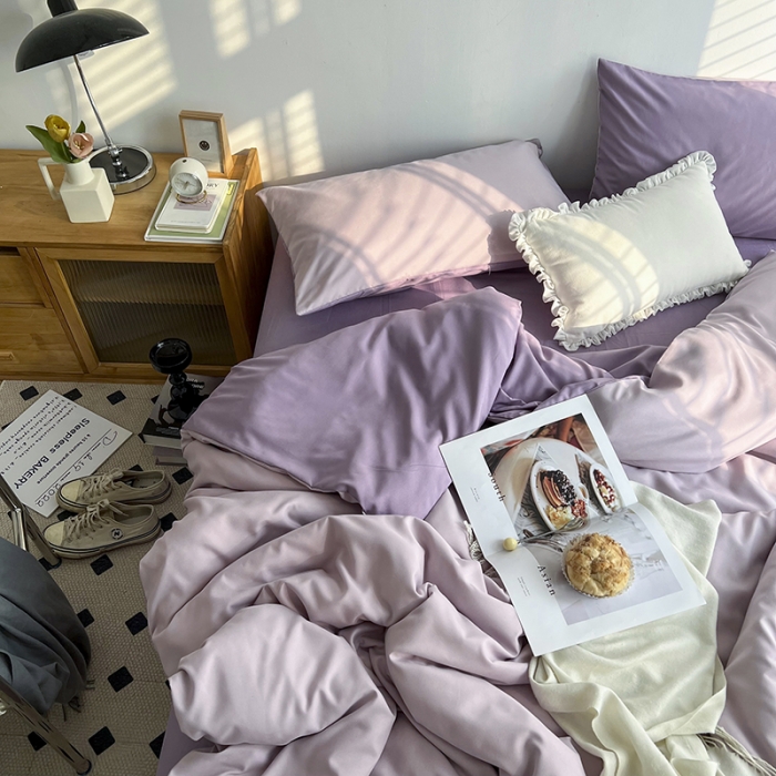 91家纺网 家纺一手货源 找家纺 优迈 新款纯色双拼水洗棉亲肤磨毛四件套-单被套枕套床笠紫薯芋泥