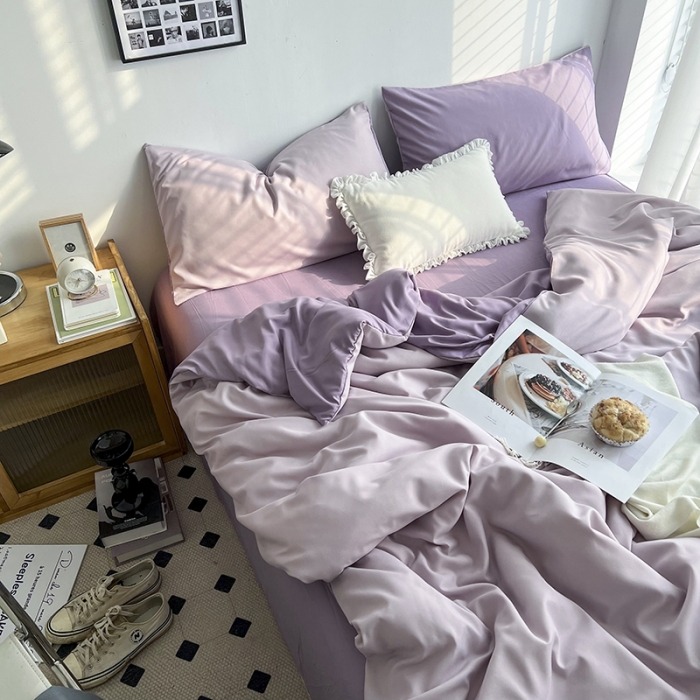 91家纺网 家纺一手货源 找家纺 优迈 新款纯色双拼水洗棉亲肤磨毛四件套-单被套枕套床笠紫薯芋泥