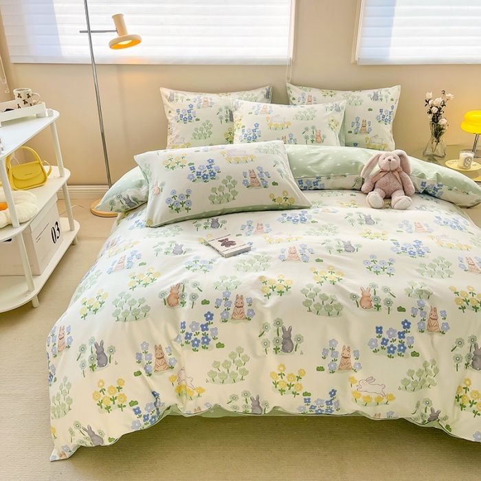 91家纺网 家纺一手货源 找家纺 呗旺鹿 2023新款13372全棉纯棉印花四件套直播款 花间兔