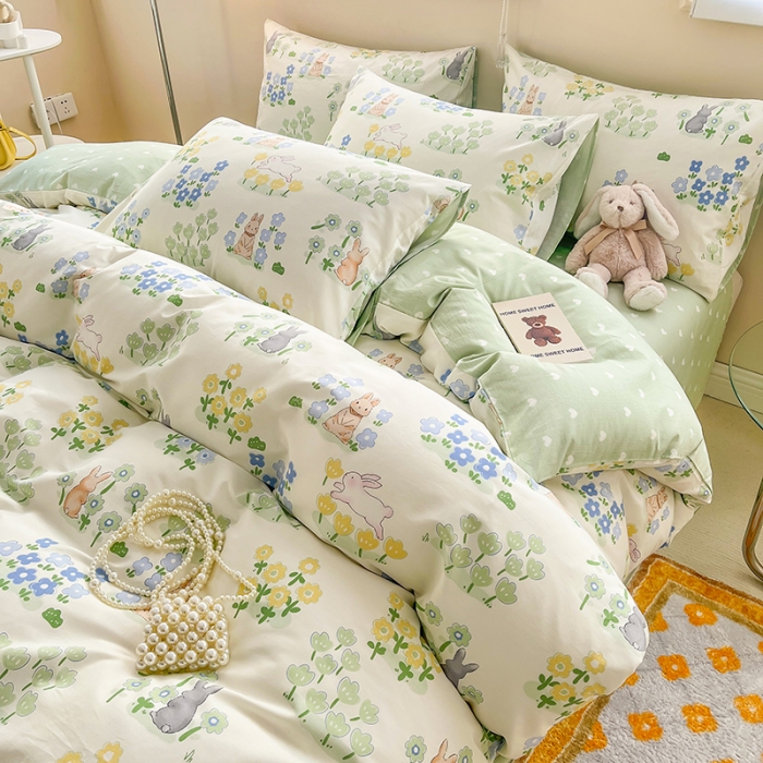 91家纺网 家纺一手货源 找家纺 呗旺鹿 2023新款13372全棉纯棉印花四件套直播款 花间兔