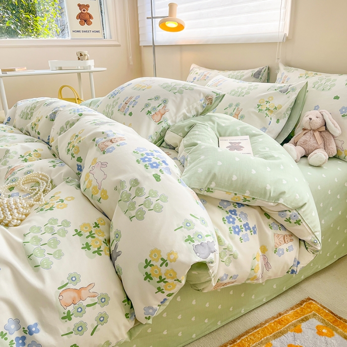 91家纺网 家纺一手货源 找家纺 呗旺鹿 2023新款13372全棉纯棉印花四件套直播款 花间兔