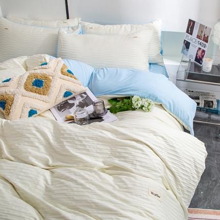 91家纺网 家纺一手货源 找家纺 仟网汇 2023新款简约款贴标叶子泡泡纱水洗棉四件套 贴标款-米白+蓝