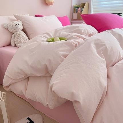91家纺网 家纺一手货源 找家纺 寐居 2023新款双拼全棉水洗棉纯色四件套 ins风-裸粉色