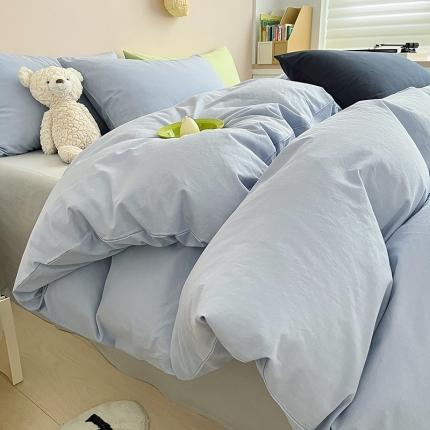 91家纺网 家纺一手货源 找家纺 寐居 2023新款双拼全棉水洗棉纯色四件套 ins风-迷雾蓝