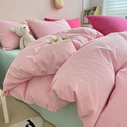 91家纺网 家纺一手货源 找家纺 寐居 2023新款双拼全棉水洗棉纯色四件套 ins风-樱花粉