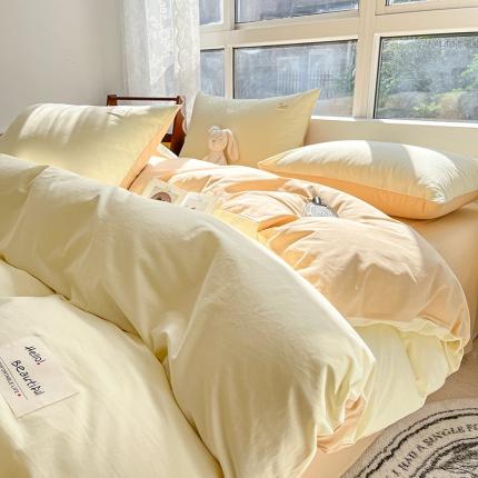 91家纺网 家纺一手货源 找家纺 寐居 2023新款双拼全棉水洗棉纯色四件套 米黄+卡其