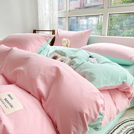 91家纺网 家纺一手货源 找家纺 寐居 2023新款双拼全棉水洗棉纯色四件套 深粉+湖蓝