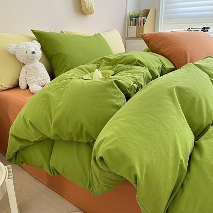 寐居 2023新款双拼全棉水洗棉纯色四件套 ins风-草绿色