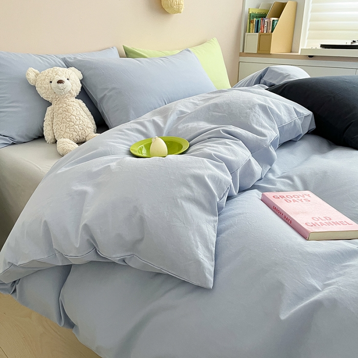 91家纺网 家纺一手货源 找家纺 寐居 2023新款双拼全棉水洗棉纯色四件套 ins风-迷雾蓝