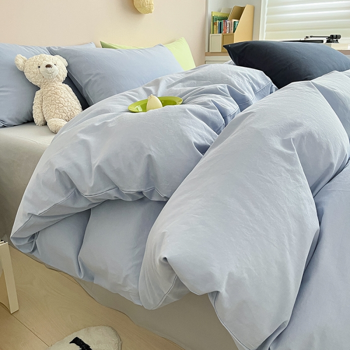 91家纺网 家纺一手货源 找家纺 寐居 2023新款双拼全棉水洗棉纯色四件套 ins风-迷雾蓝