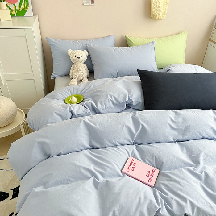 91家纺网 家纺一手货源 找家纺 寐居 2023新款双拼全棉水洗棉纯色四件套 ins风-迷雾蓝