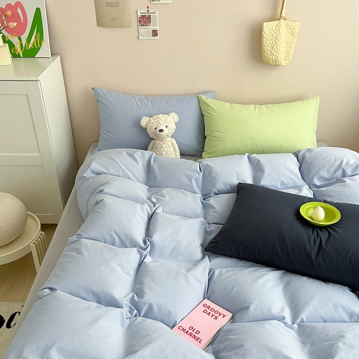 91家纺网 家纺一手货源 找家纺 寐居 2023新款双拼全棉水洗棉纯色四件套 ins风-迷雾蓝