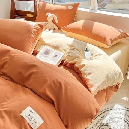 寐居 2023新款双拼全棉水洗棉纯色四件套 焦糖+卡其