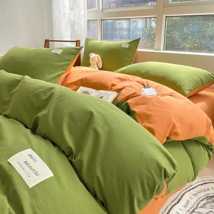 寐居 2023新款双拼全棉水洗棉纯色四件套 军绿+焦糖