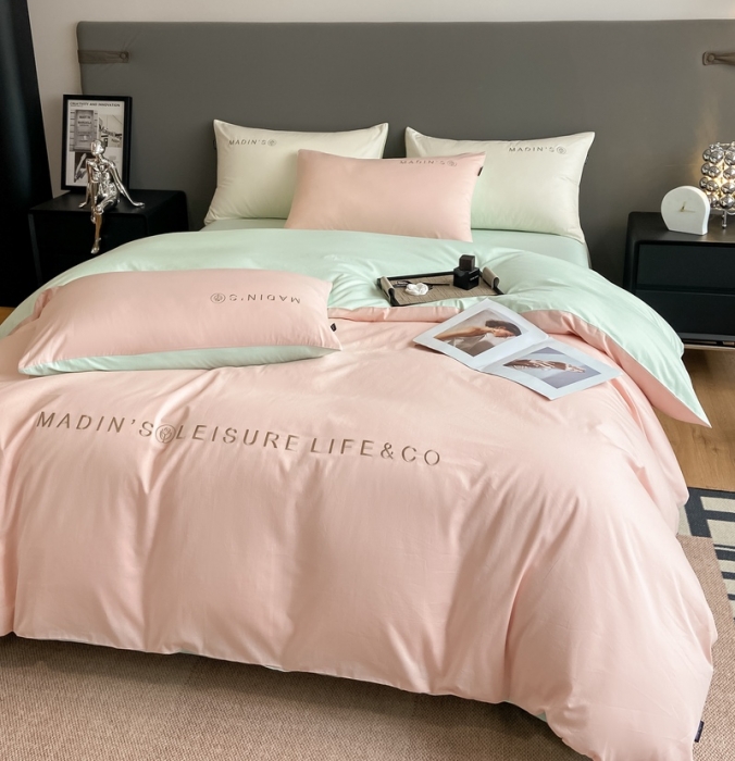 91家纺网 家纺一手货源 找家纺 卡姿 2023新款轻奢简约刺绣四件套—自由风格 自由风（悠悠粉+清新绿）