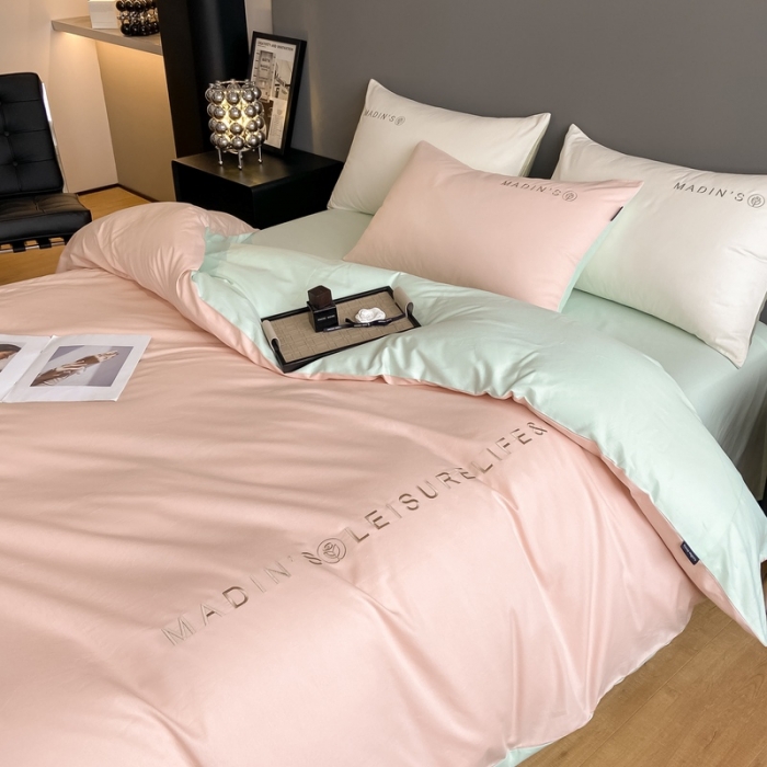 91家纺网 家纺一手货源 找家纺 卡姿 2023新款轻奢简约刺绣四件套—自由风格 自由风（悠悠粉+清新绿）