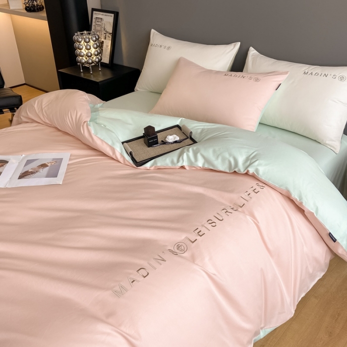 91家纺网 家纺一手货源 找家纺 卡姿 2023新款轻奢简约刺绣四件套—自由风格 自由风（悠悠粉+清新绿）