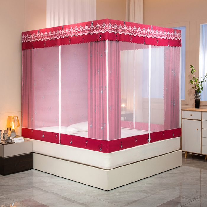 91家纺网 家纺一手货源 找家纺 千逸虹 2024新款坐床全底纱 遮光蚊帐 贵妃红