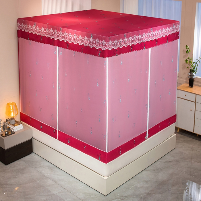 91家纺网 家纺一手货源 找家纺 千逸虹 2024新款坐床全底纱 遮光蚊帐 贵妃红