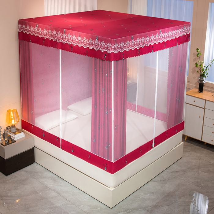 91家纺网 家纺一手货源 找家纺 千逸虹 2024新款坐床全底纱 遮光蚊帐 贵妃红