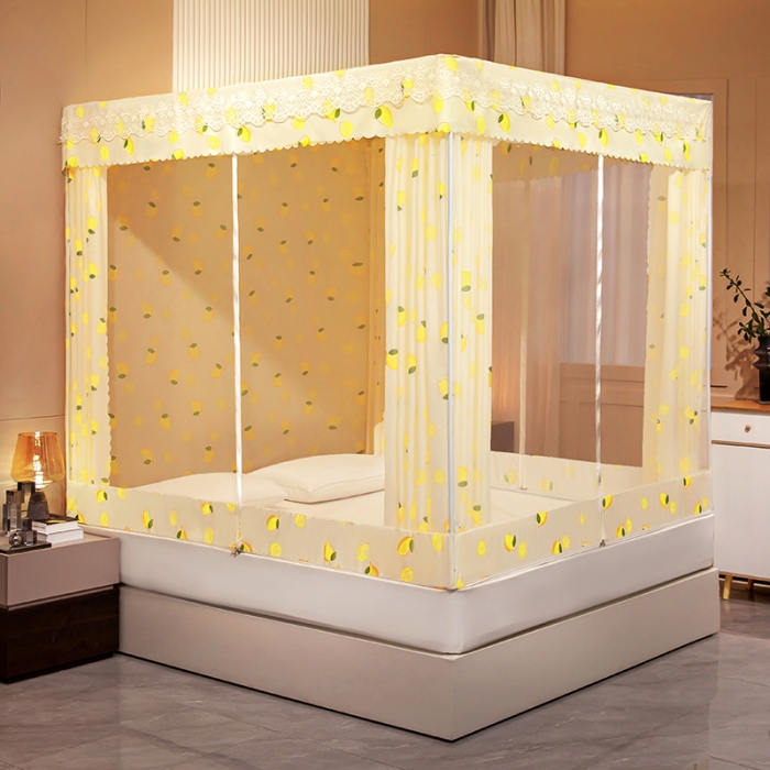 91家纺网 家纺一手货源 找家纺 千逸虹 2024新款坐床全底纱 遮光蚊帐 柠檬黄