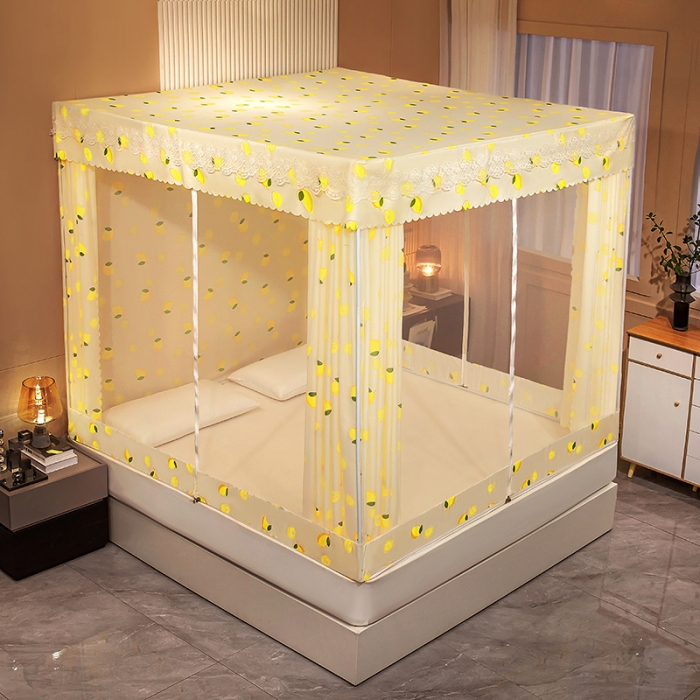 91家纺网 家纺一手货源 找家纺 千逸虹 2024新款坐床全底纱 遮光蚊帐 柠檬黄