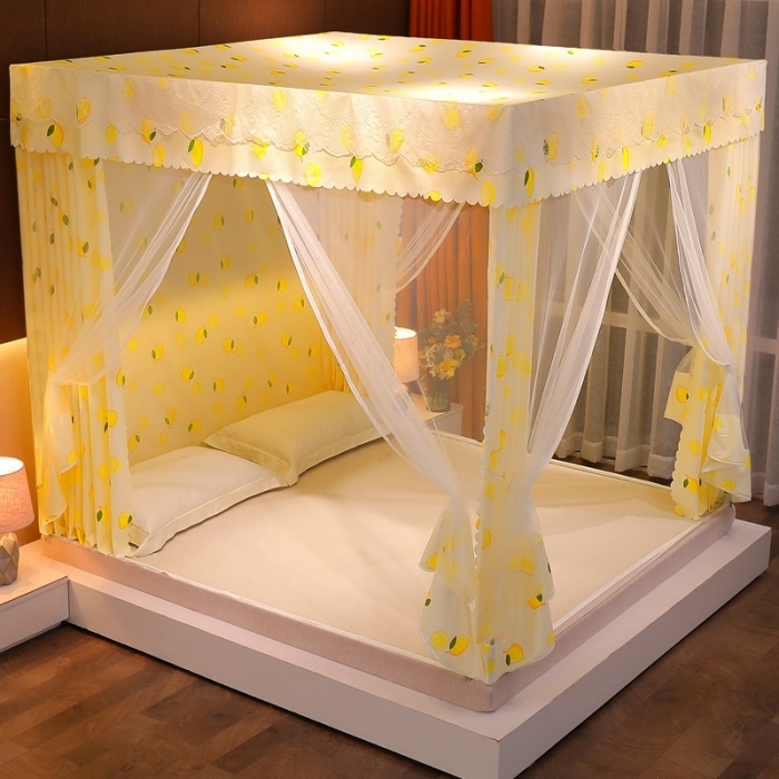 91家纺网 家纺一手货源 找家纺 千逸虹 2024新款坐床全底纱 遮光蚊帐 柠檬黄