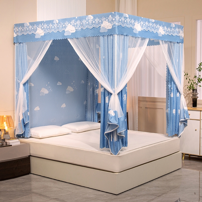 91家纺网 家纺一手货源 找家纺 千逸虹 2024新款坐床全底纱 遮光蚊帐 蓝色天空