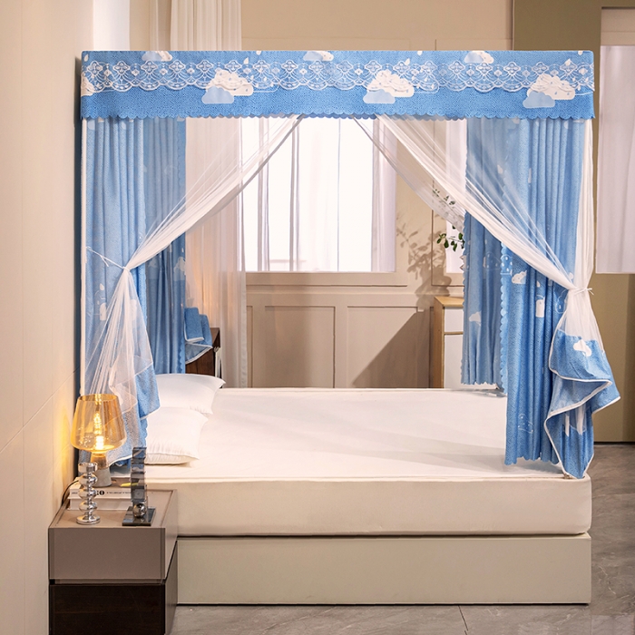 91家纺网 家纺一手货源 找家纺 千逸虹 2024新款坐床全底纱 遮光蚊帐 蓝色天空