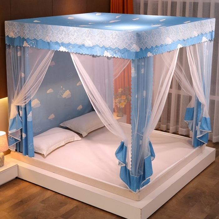 91家纺网 家纺一手货源 找家纺 千逸虹 2024新款坐床全底纱 遮光蚊帐 蓝色天空