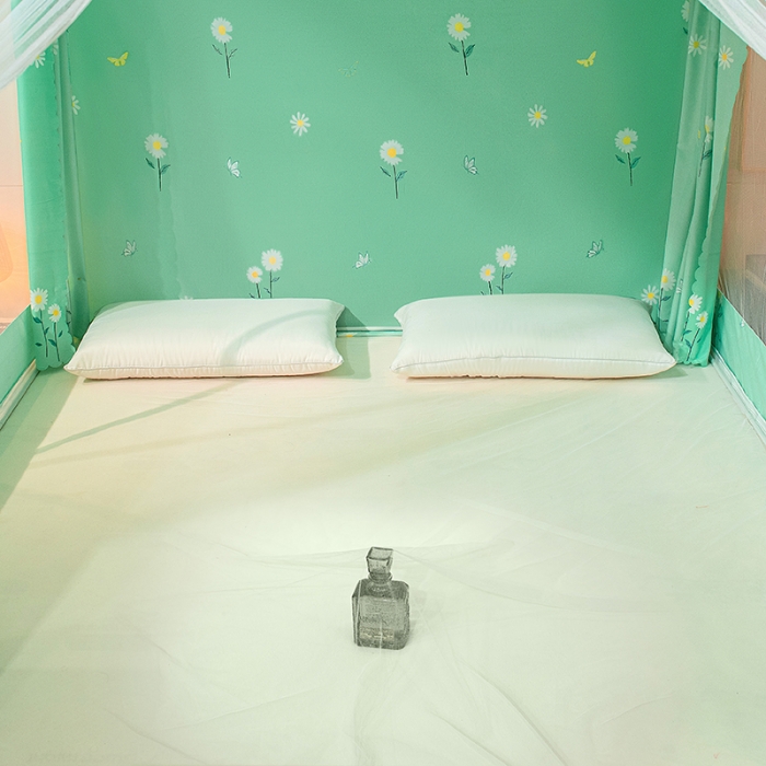 91家纺网 家纺一手货源 找家纺 千逸虹 2024新款坐床全底纱 遮光蚊帐 绿草如茵