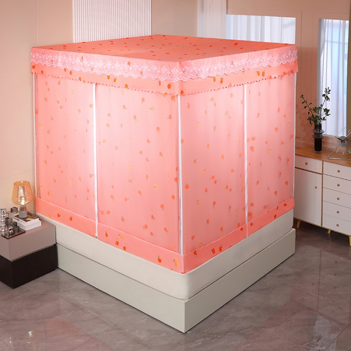 91家纺网 家纺一手货源 找家纺 千逸虹 2024新款坐床全底纱 遮光蚊帐 粉色心情