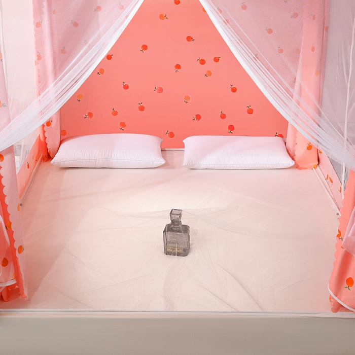 91家纺网 家纺一手货源 找家纺 千逸虹 2024新款坐床全底纱 遮光蚊帐 粉色心情