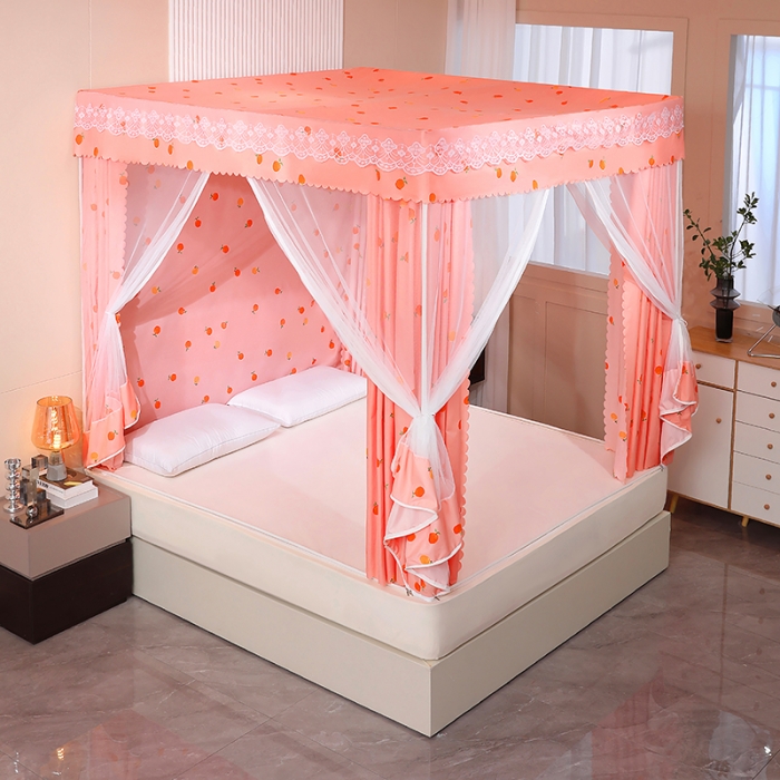 91家纺网 家纺一手货源 找家纺 千逸虹 2024新款坐床全底纱 遮光蚊帐 粉色心情