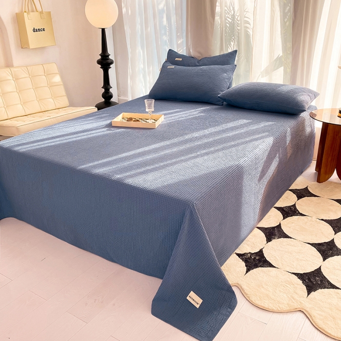 91家纺网 家纺一手货源 找家纺 眠博士 2023新款全棉华夫格床单三件套 天蓝