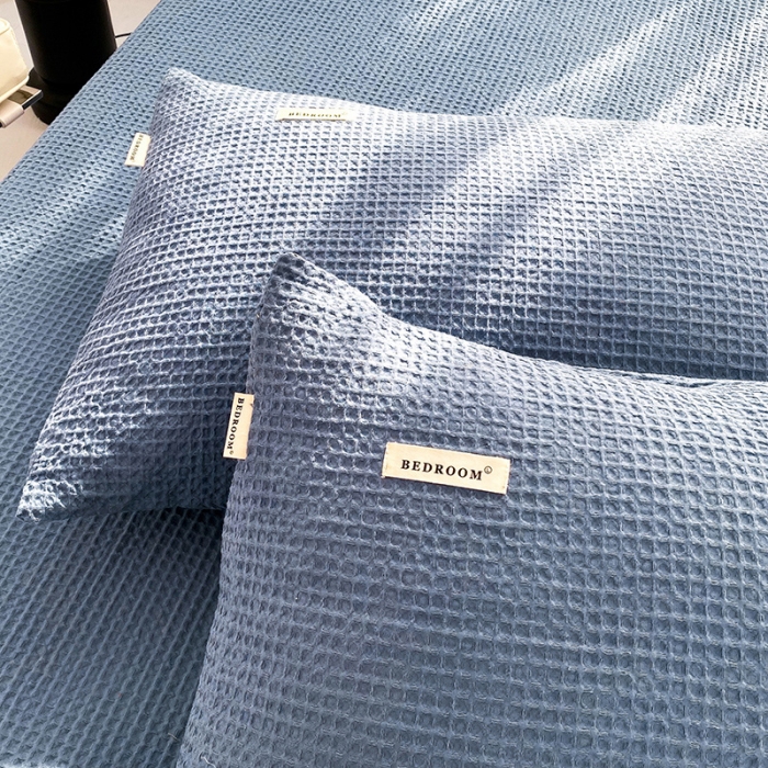 91家纺网 家纺一手货源 找家纺 眠博士 2023新款全棉华夫格床单三件套 天蓝