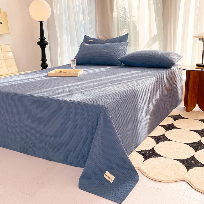 91家纺网 家纺一手货源 找家纺 眠博士 2023新款全棉华夫格床单三件套 天蓝